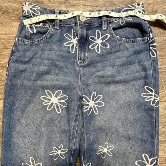 Justice Girls Wide Leg Flower SZ 16 Jeans Side Slit Y2K Floral Denim Daisy 70's - Picture 5 of 15